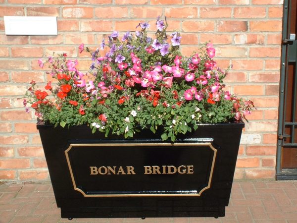 Metal planter wide and tall planted Bonar