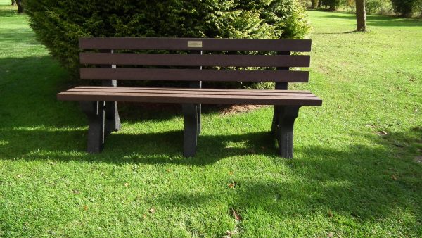 recycled bench with plaque