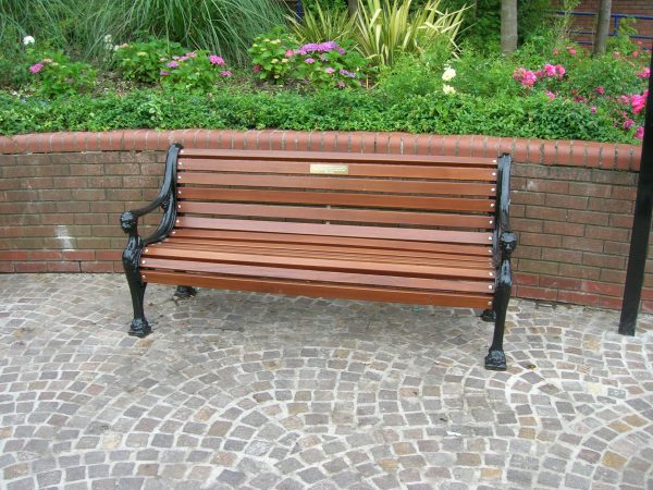 Metal bench with wood slat and plaque 4
